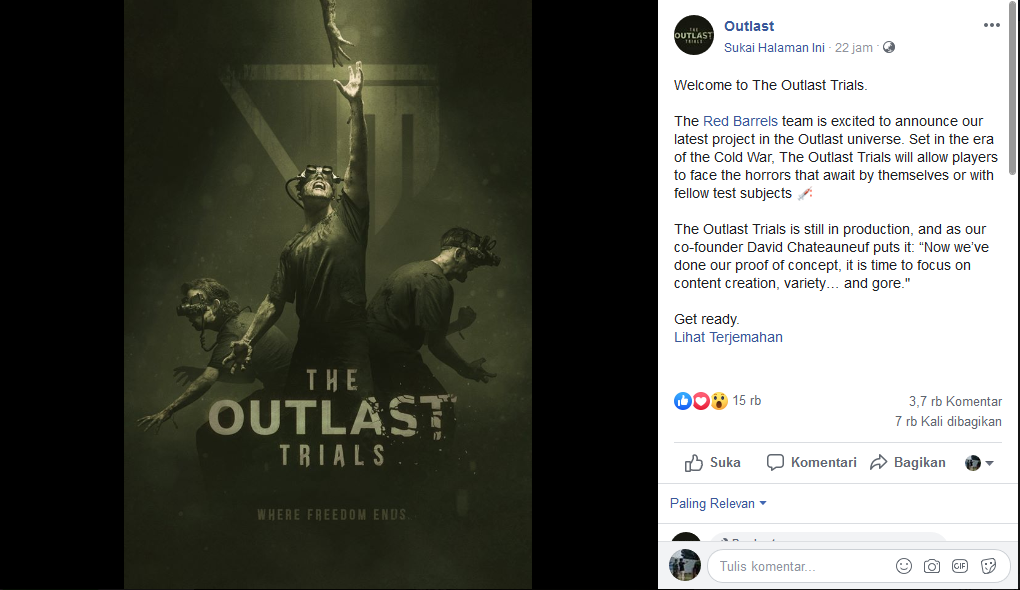 Pengumuman di Facebook resmi Outlast (Foto: Screenshot)