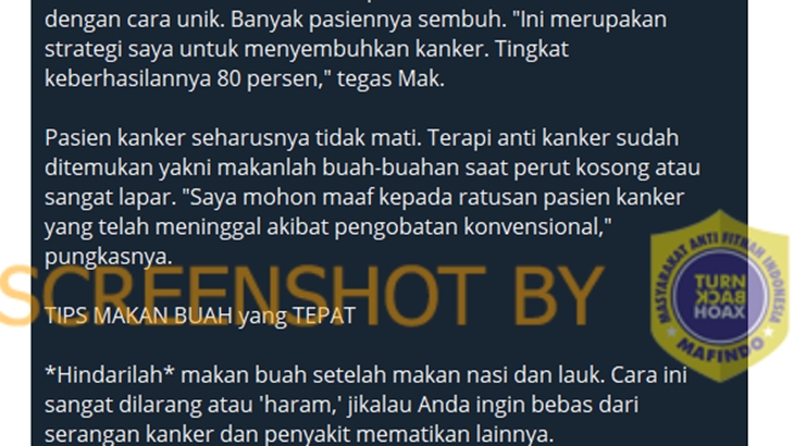 [HOAKS atau FAKTA]: Konsumsi Buah saat Perut Kosong Dapat Sembuhkan Kanker