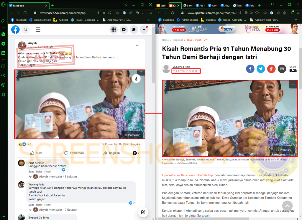 Tangkapan layar soal berita pasutri lansia berangkat haji. (Foto: MP/Turnbackhoax.id)