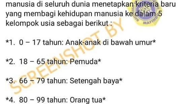 [HOAKS atau FAKTA]: Kriteria Baru dari WHO, 65 Tahun ke Bawah Masuk Kategori Usia Muda
