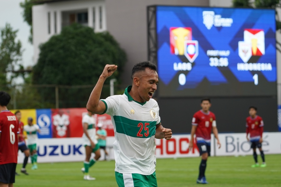 Selebrasi Irfan Jaya usai bobol gawang Laos. (PSSI)