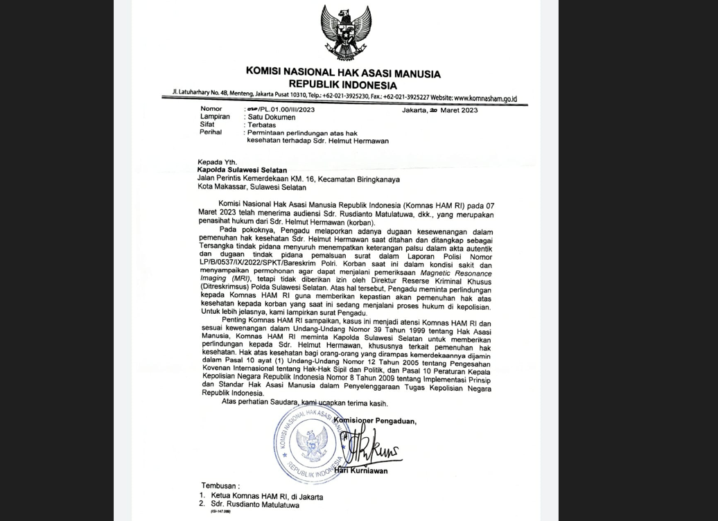 Komnas HAM Desak Polisi Berikan Hak Kesehatan Pada Pengusaha HH