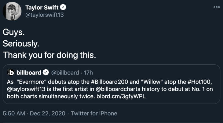 Taylor Swift membagikan berita billboard tersebut di twitter (Foto: Twitter/Taylorswift13)