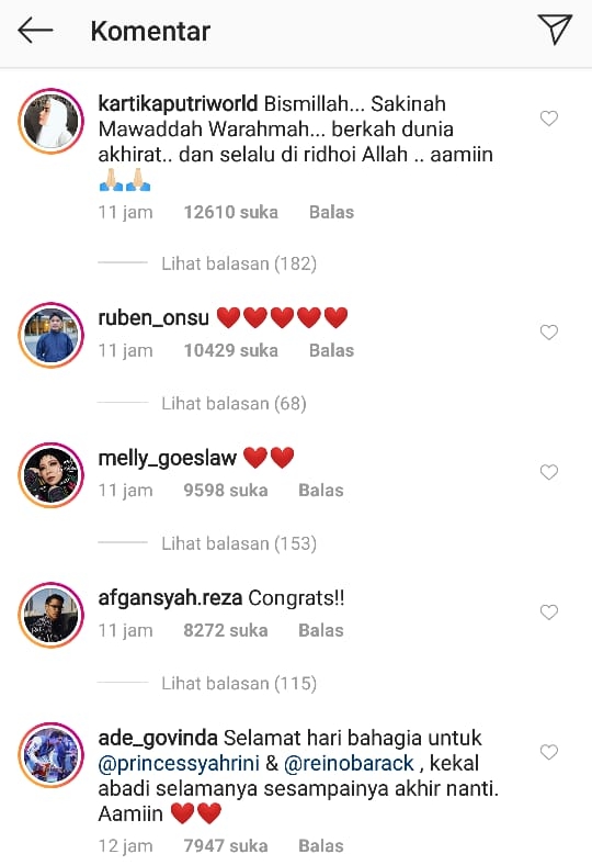 Komentar selebritis untuk pernikahan Syahrini (Sumber: Instagram/princesssyahrini)