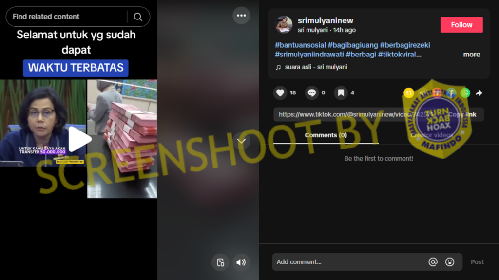 [HOAKS atau FAKTA): Menkeu Sri Mulyani Mau Bagi-Bagi Uang Modal Usaha Rp 50 Juta