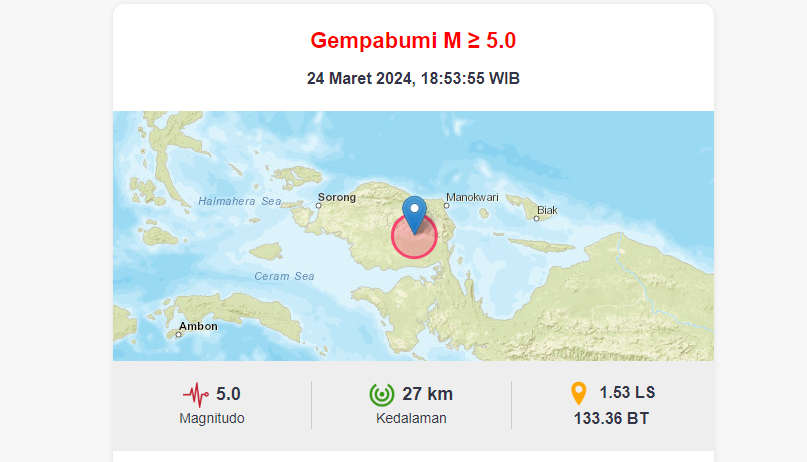 Gempa Magnitudo 5 Guncang Papua Barat