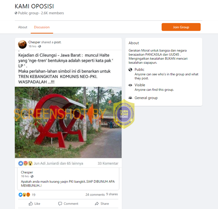 Tangkapan layar media sosial tentang halte palu arit di Cileungsi, Jawa Barat. (Foto: MP/Turnbackhoax.id)