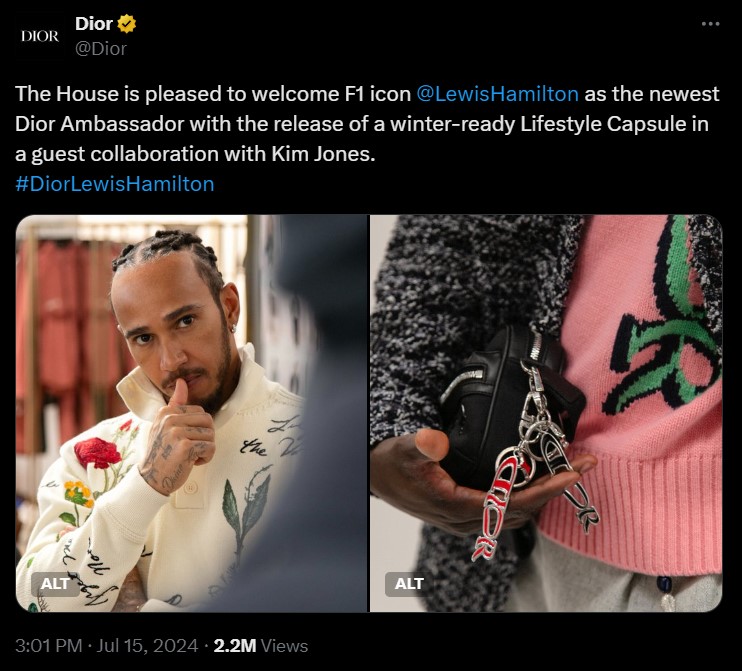 Lewis Hamilton berkolaborasi dengan Dior. (Foto: X/@Dior)
