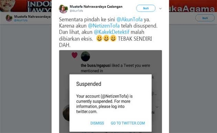 Akun twitter Mustofa disuspend