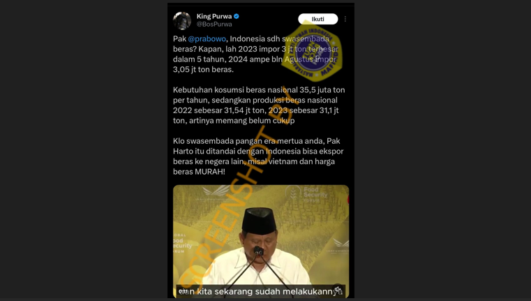 [HOAKS atau FAKTA]: Prabowo Tegaskan Indonesia Sudah Swasembada Produksi Beras