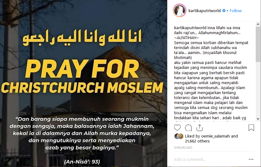 Kartika Putri merasa sedih atas kejadian tersebut (Sumber: Instagram/kartikaputriworld)