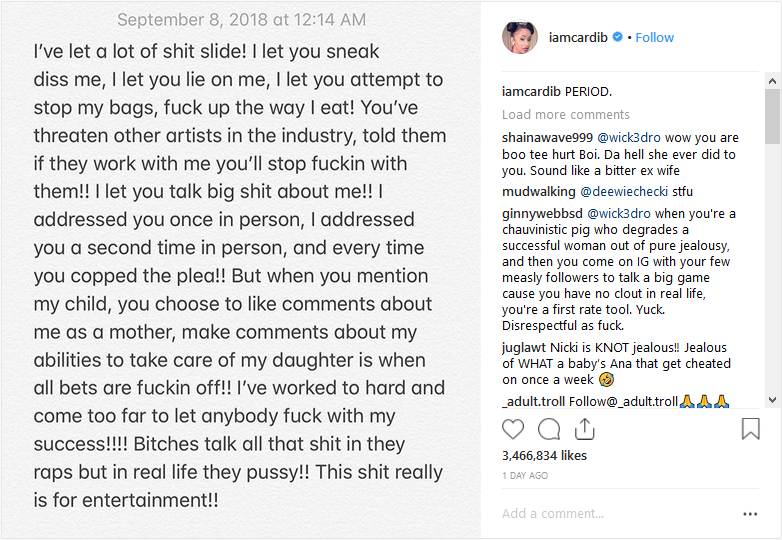 Status Cardi B di Instagramnya (Instagram/iamcardib)