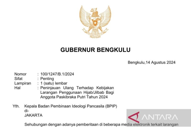Gubernur Kirim Surat Keprihatinan Paskibraka Tidak Pakai Hijab Saat Bertugas