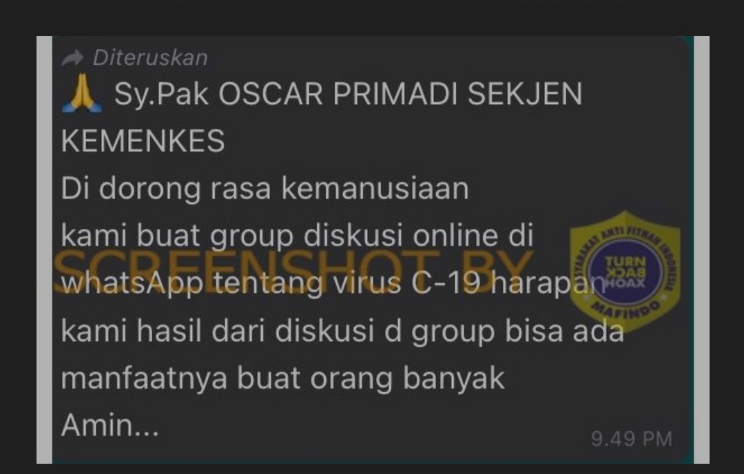 [HOAKS atau FAKTA]: Sekjen Kemenkes Ajak Masyarakat Berdiskusi soal COVID Lewat Grup WA