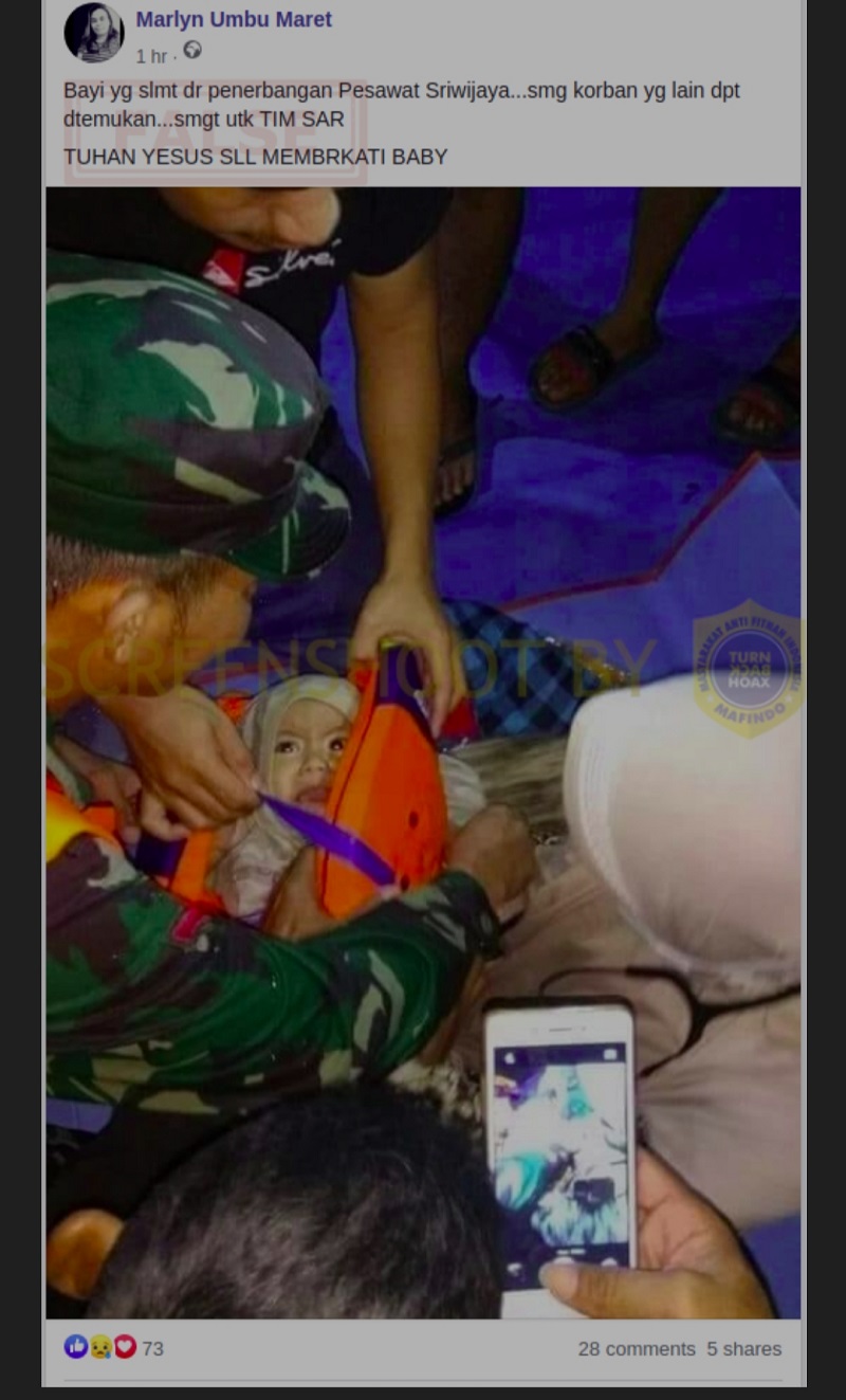 Hoaks bayi selamat dari Kecelakaan Sriwijaya Air. (Mafindo)