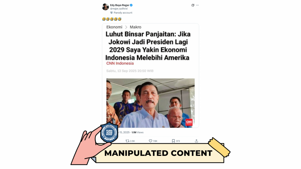[HOAKS atau FAKTA]: Luhut Yakin Ekonomi Indonesia Melebihi AS jika Jokowi Jadi Presiden Lagi