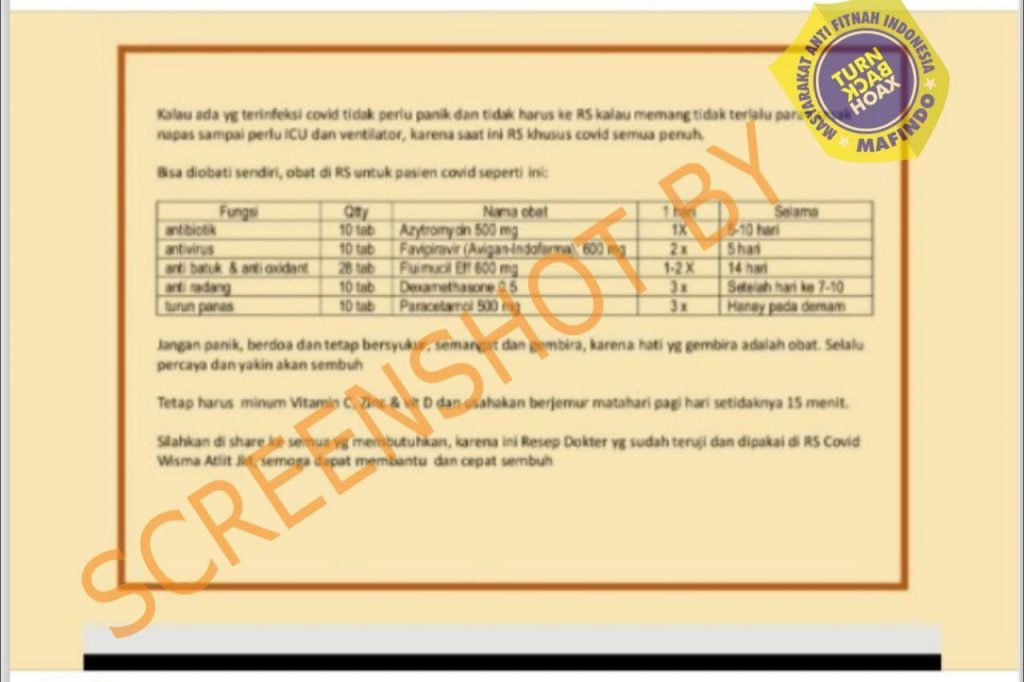 Tangkapan layar hoak resep obat. (Foto:  Antara)