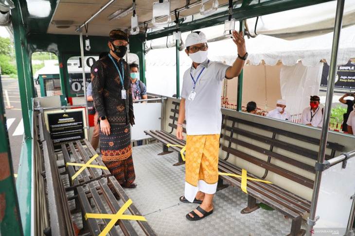 Skema physical distancing yang disiapkan di shuttle bus wisatawan GWK Cultural Park, Bali. Antaranews Bali/istimewa/fik