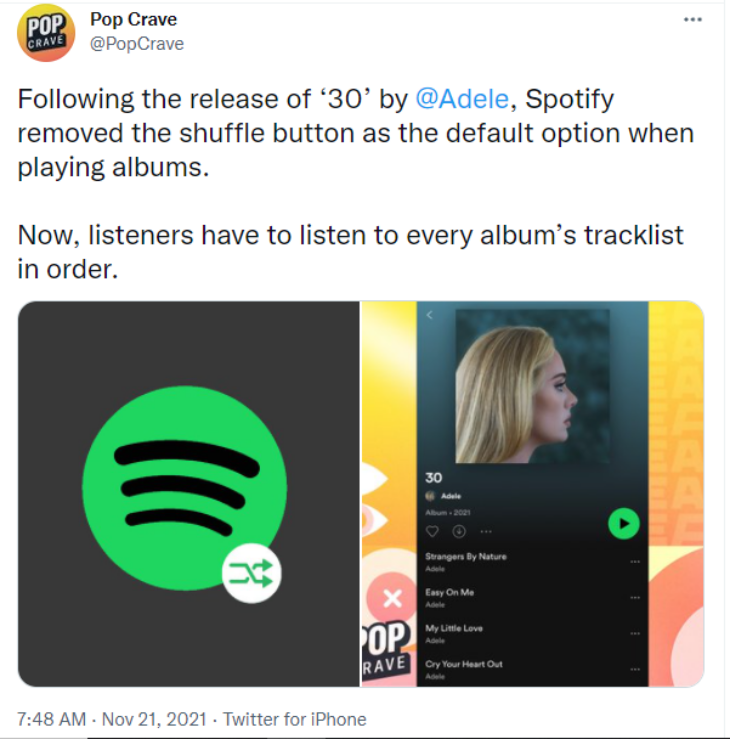 Fitur shuffle dihilangkan dan digantikan dengan tombol 'play' ditampilan album. (Foto: Twitter/Pop Crave)
