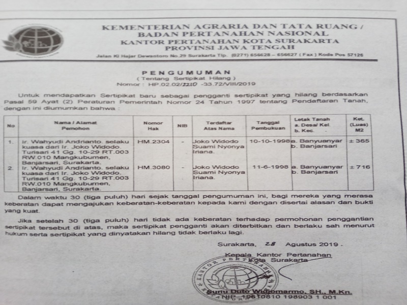 Sertifikat tanah milik Presiden Jokowi