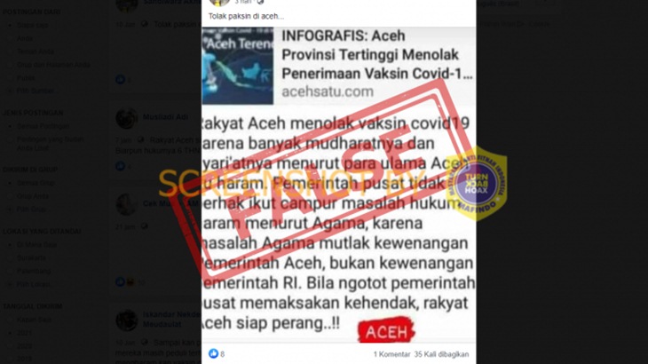 [HOAKS atau FAKTA]: Warga Aceh Tolak Vaksin karena Menurut Ulama Haram