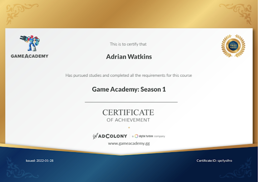 Contoh sertifikasi yang diperoleh ketika menyelesaikan semua pelajaran di Game Academy. (Foto ist)