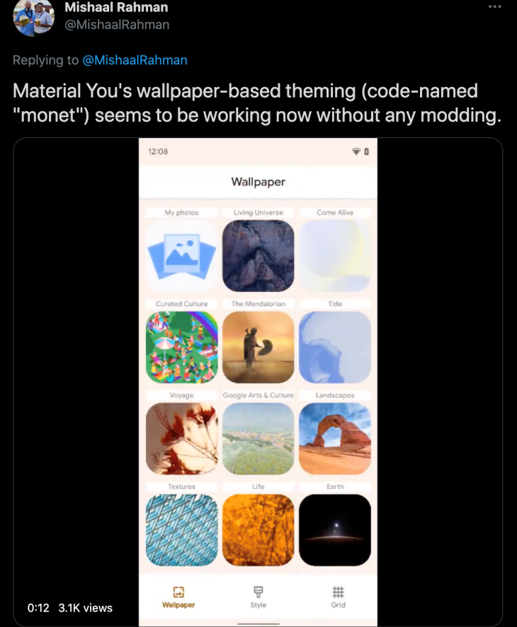 Cuitan pengguna Twitter tentang tema berdasarkan wallpaper Android 12. (Foto: Twitter/MishaalRahman)