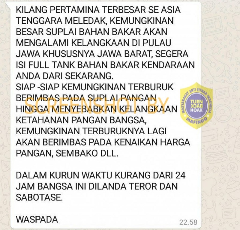 Tangkapan layar hoaks kelangkaan BBM. (Foto: Mafindo)