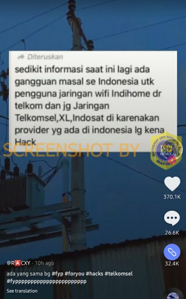 Tangkapan layar soal hoaks gangguan internet massal karena di-hack. (Foto: MP/Turnbackhoax.id)