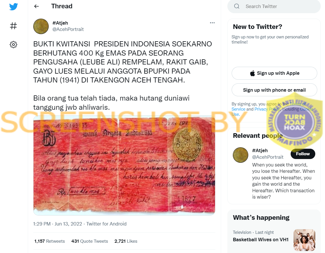 [HOAKS atau FAKTA]: Kwitansi Utang Soekarno Tahun 1941