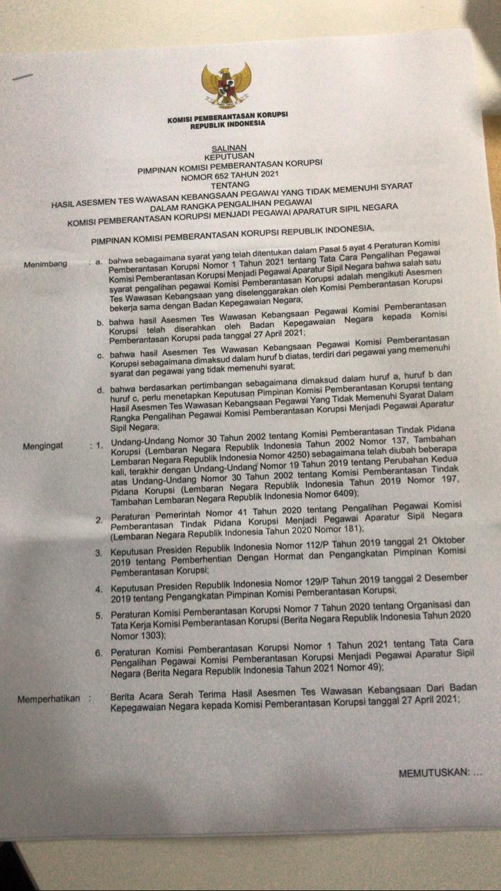 SK penonaktifan 75 pegawai yang tak lolos TWK