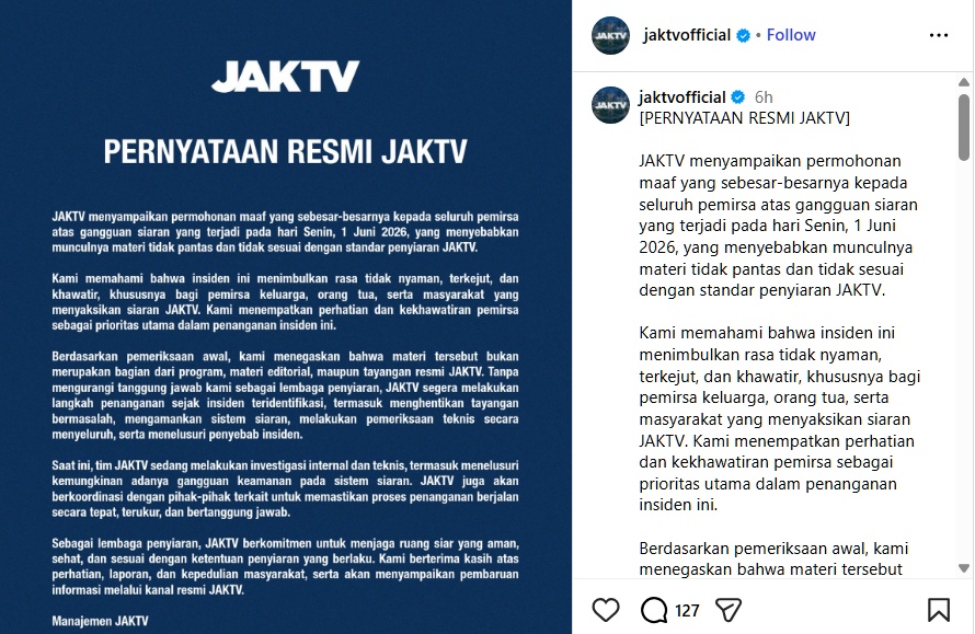 Diduga Diretas, JAKTV Minta Maaf Insiden Tayangan Porno di Hari Lahir Pancasila