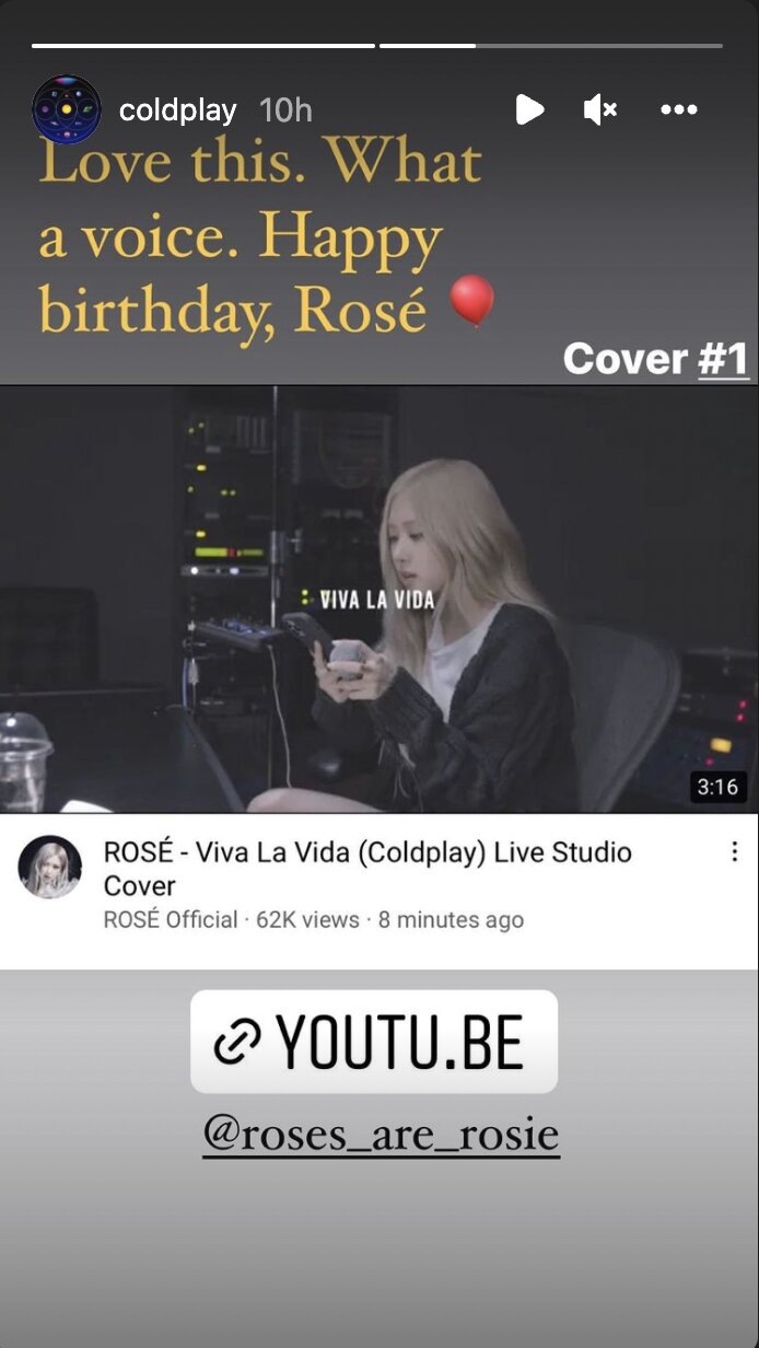 Pujian Coldplay pada suara Rosé melalui IG Story. (Foto Instagram/coldplay)