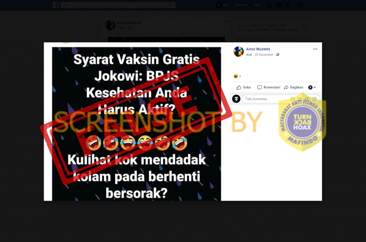 Tangkapan layar Facebook soal vaksin COVID-19 gratis hanya untuk peserta BPJS Kesehatan aktif. (Foto: MP/Turnbackhoax.id)
