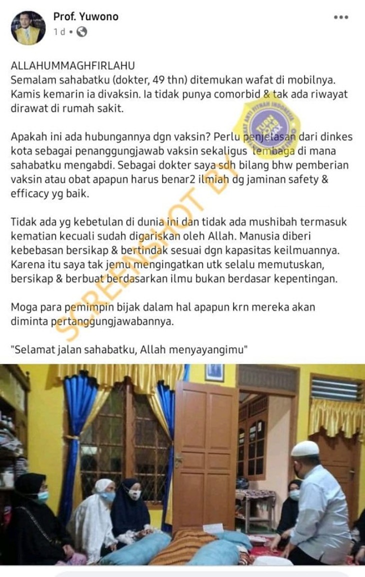 Unggahan tentang hoaks dokter meninggal akibat vaksin COVID-19. (Foto: MP/Turnbackhoax.id)