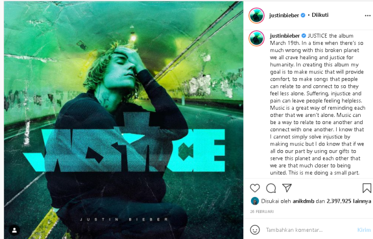 Justin membagikan alasannya merilis album 'Justice' di laman Instagramnya. (Foto: Instagram/@justinbieber)