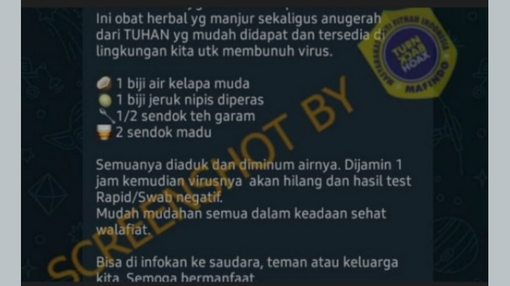 [HOAKS atau FAKTA]: Campuran Madu, Jeruk Nipis, Garam dan Air Kelapa Mampu Sembuhkan COVID-19