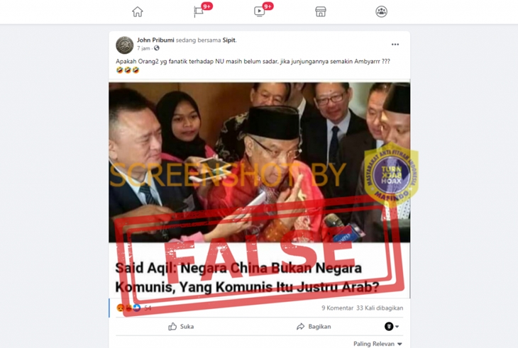 Tangkapan layar hoaks Said Aqil Siradj nyatakan Arab negara komunis. (Foto: MP/Turnbackhoax.id)