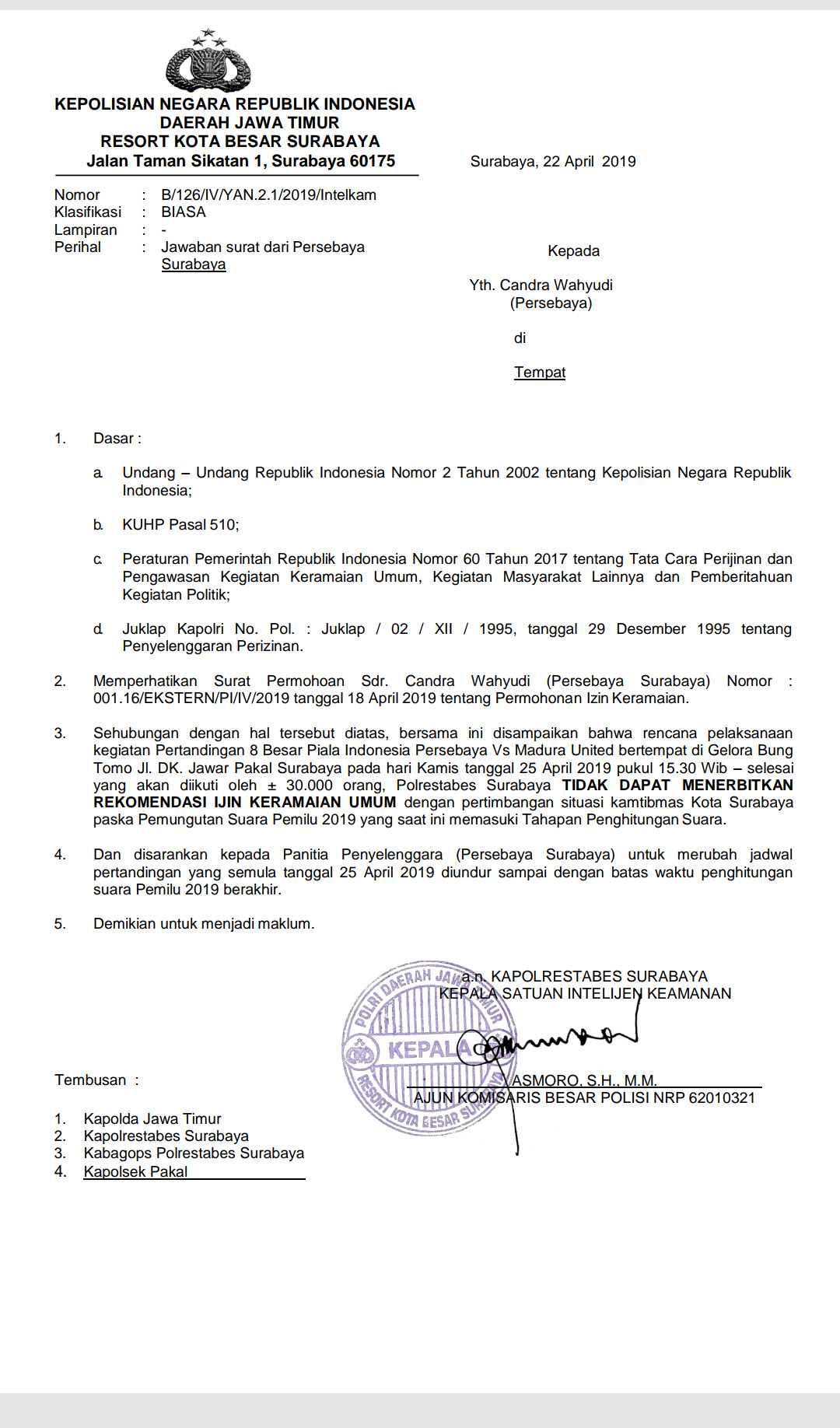 surat nomor: B/126/IV/YAN.2.1/2019/Intelkam. (Ist)