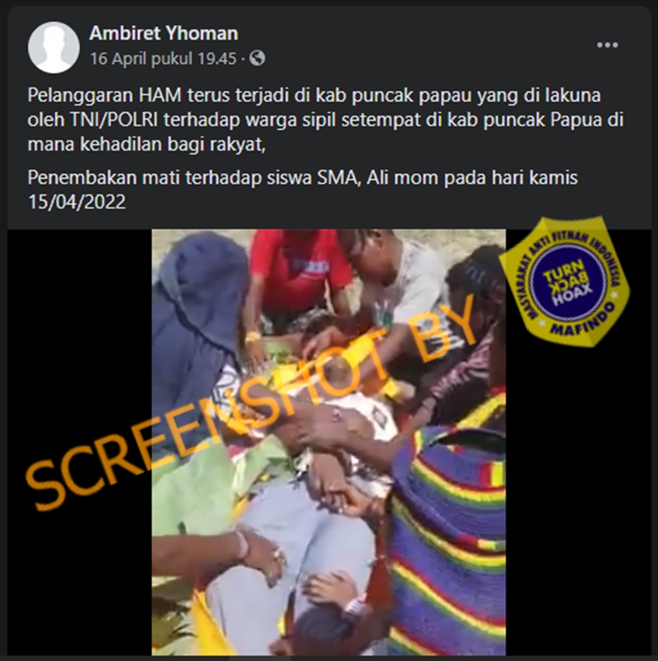 Tangkapan layar hoaks aparat TNI-Polri tembak seorang siswa Papua. (Foto: MP/Turnbackhoax.id)