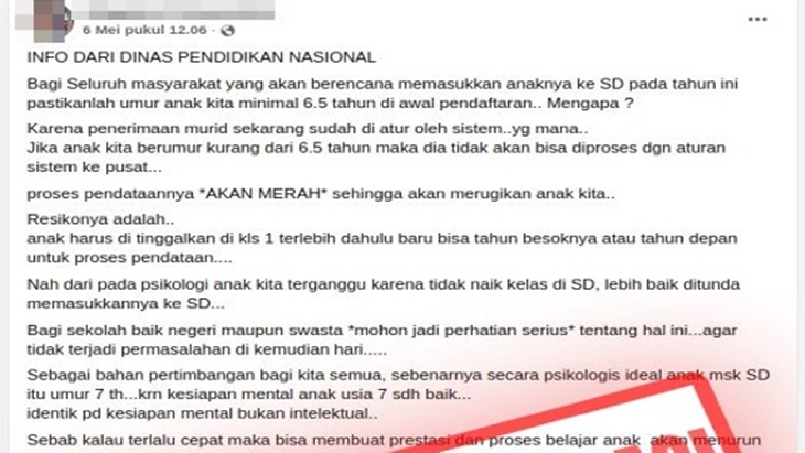 [HOAKS atau FAKTA]: Orangtua Harus Pastikan Anaknya Berusia 6,5 Tahun Sebelum Daftar SD
