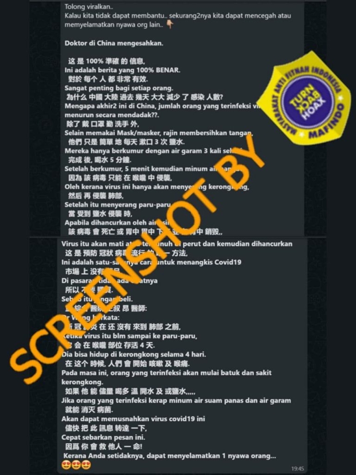 Tangkapan layar soal hoaks resep Tiongkok sembuhkan pasien COVID-19. (Foto: MP/Turnbackhoax.id)