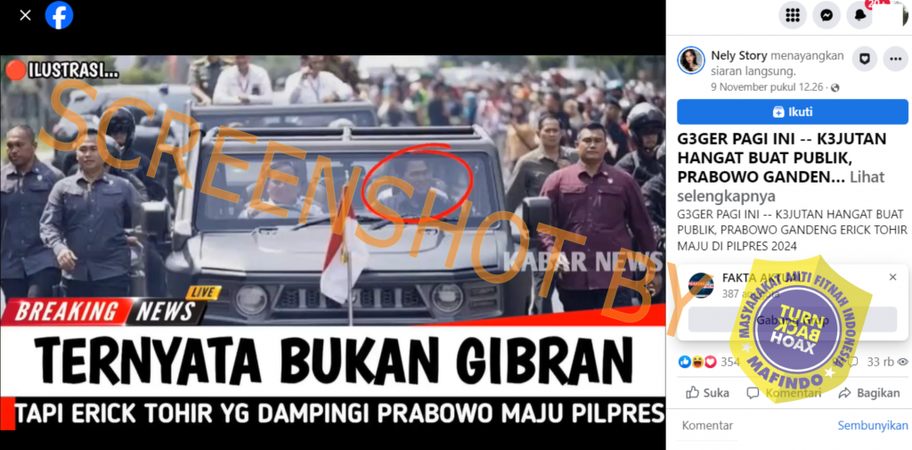 [HOAKS atau FAKTA]: Bukan Gibran, Tapi Erick Tohir yang Dampingi Prabowo di Pilpres
