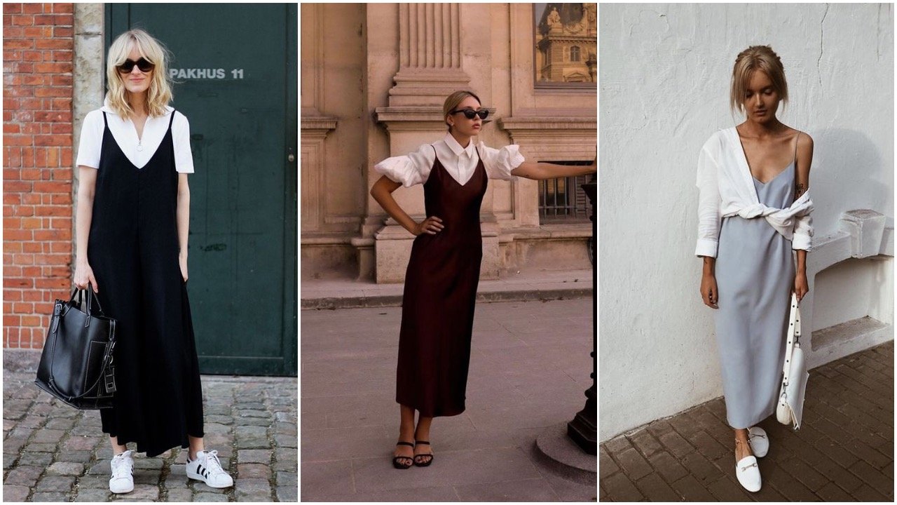 Kemeja putih bisa sebagai dalaman dan luaran slip dress. (Foto Clare Watkins)
