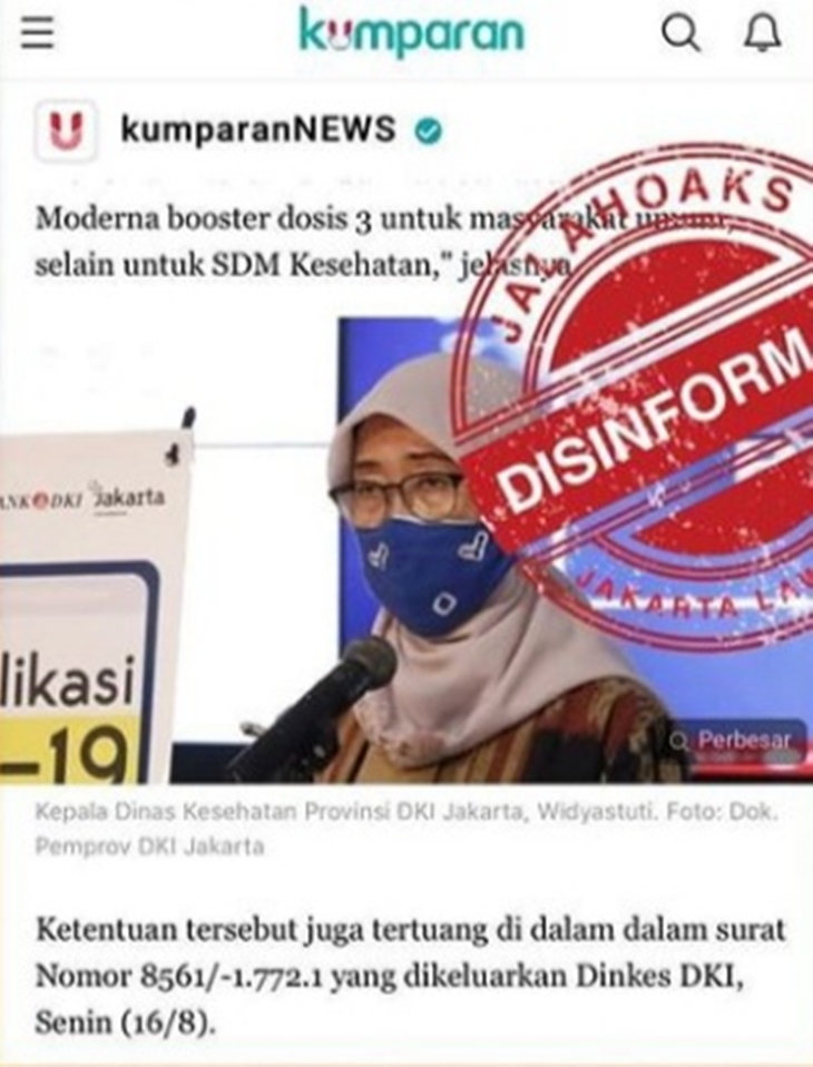 Tangkapan layar soal hoaks Moderna vaksin ketiga untuk masyarakat umum. (Foto: MP/Istimewa)