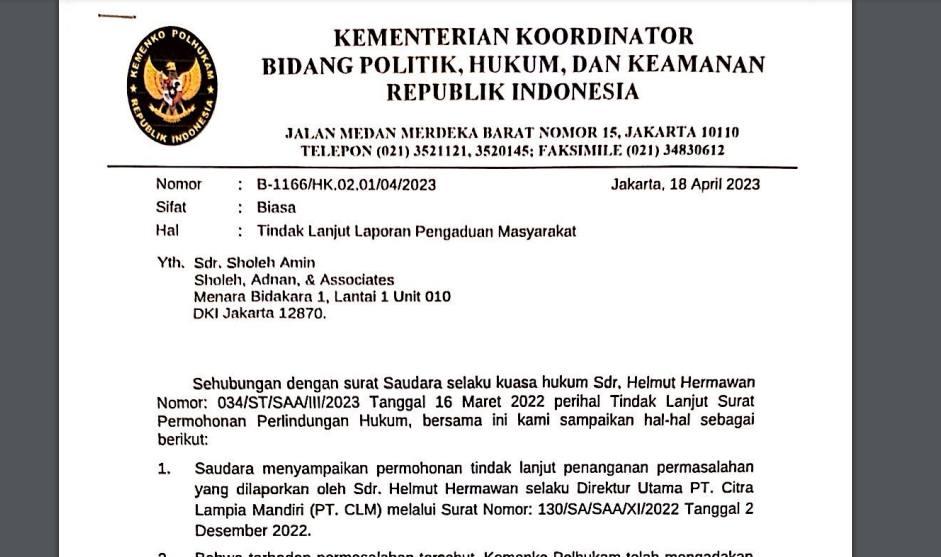 Kemenkopolhukam Keluarkan Rekomendasi Kasus Perusahaan Tambang PT CLM Milik Helmut