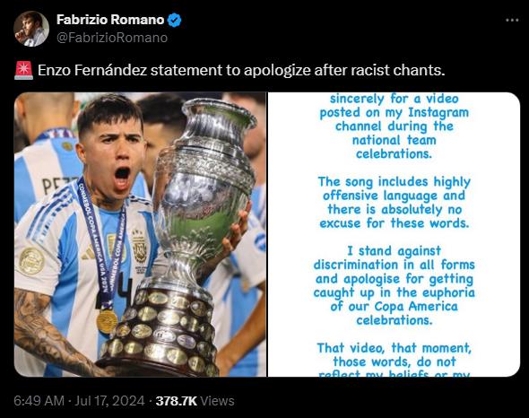 Enzo Fernandez Minta Maaf soal Nyanyian Diskriminatif, Akunnya Di-Unfollow Rekan di Chelsea