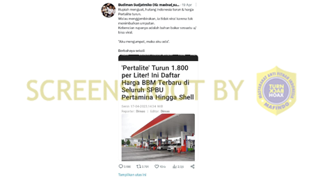 [HOAKS atau FAKTA]: Harga Pertalite Turun Rp 1.800 per Liter