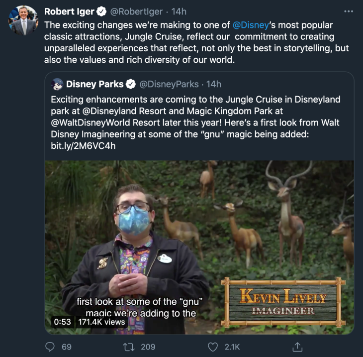 Tanggapan Bob Iger terhadap pembaruan konsep wahana Disney Park. (Foto: Twitter/RobertIger)