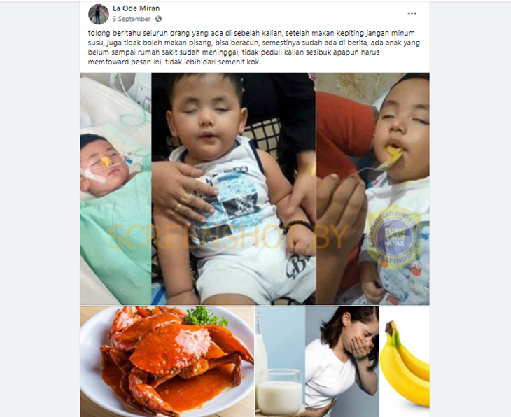 Tangkapan layar soal hoaks konsumsi pisang dan susu usai makan kepiting picu keracunan. (Foto: MP/Turnbackhoax.id)